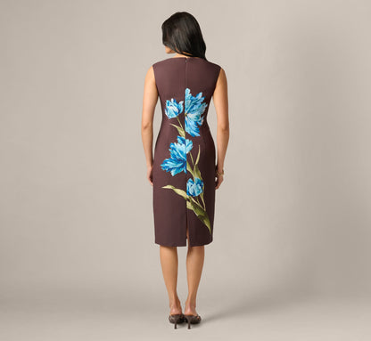 Asymmetrical Floral Printed Stretch Crepe Midi Dress - Brown Multi | Adrianna Papell