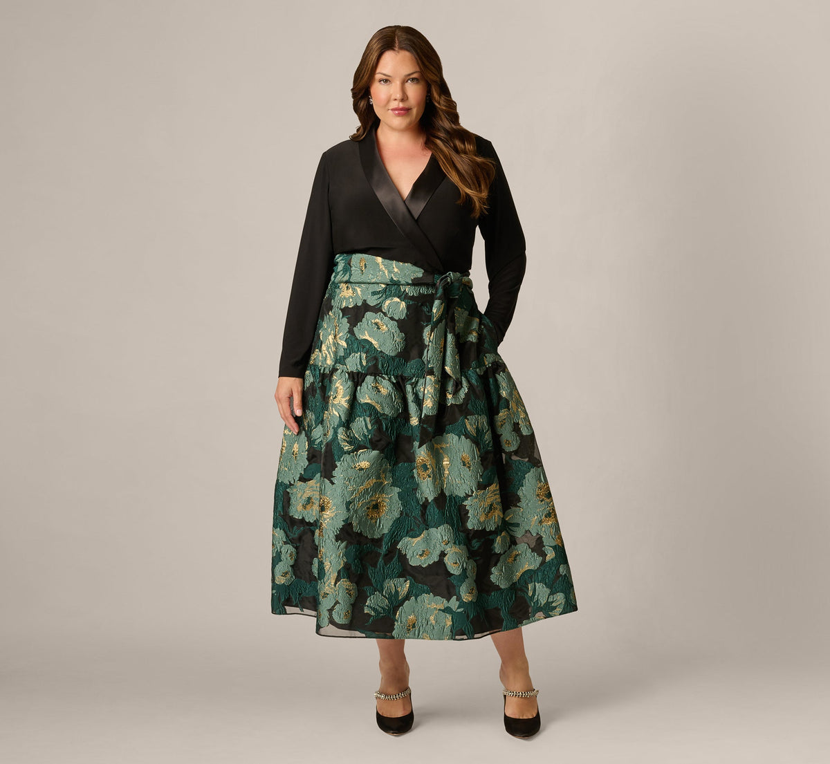 Plus Size Long Sleeve Jacquard Tuxedo Ankle Length Combo Dress - Black Emerald | Adrianna Papell