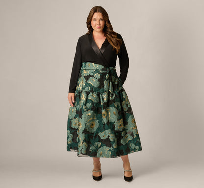 Plus Size Long Sleeve Jacquard Tuxedo Ankle Length Combo Dress - Black Emerald | Adrianna Papell