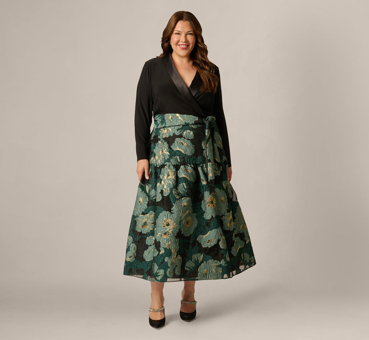 Plus Size Long Sleeve Jacquard Tuxedo Ankle Length Combo Dress - Black Emerald | Adrianna Papell
