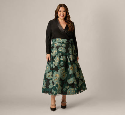 Plus Size Long Sleeve Jacquard Tuxedo Ankle Length Combo Dress - Black Emerald | Adrianna Papell