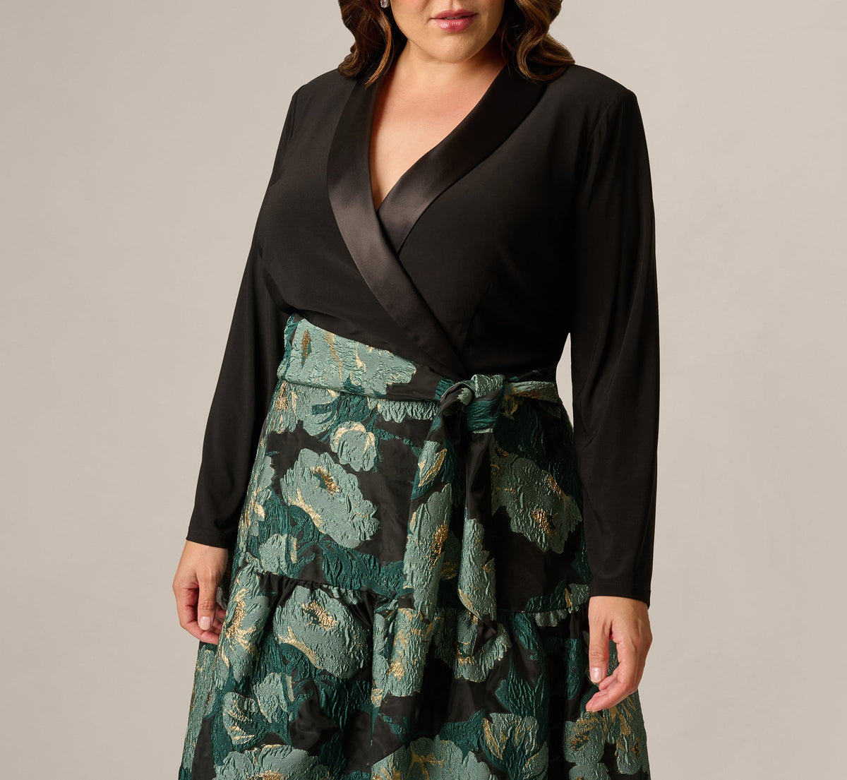 Plus Size Long Sleeve Jacquard Tuxedo Ankle Length Combo Dress - Black Emerald | Adrianna Papell