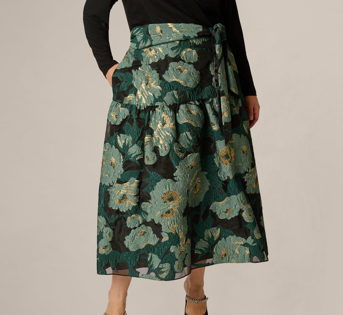 Plus Size Long Sleeve Jacquard Tuxedo Ankle Length Combo Dress - Black Emerald | Adrianna Papell
