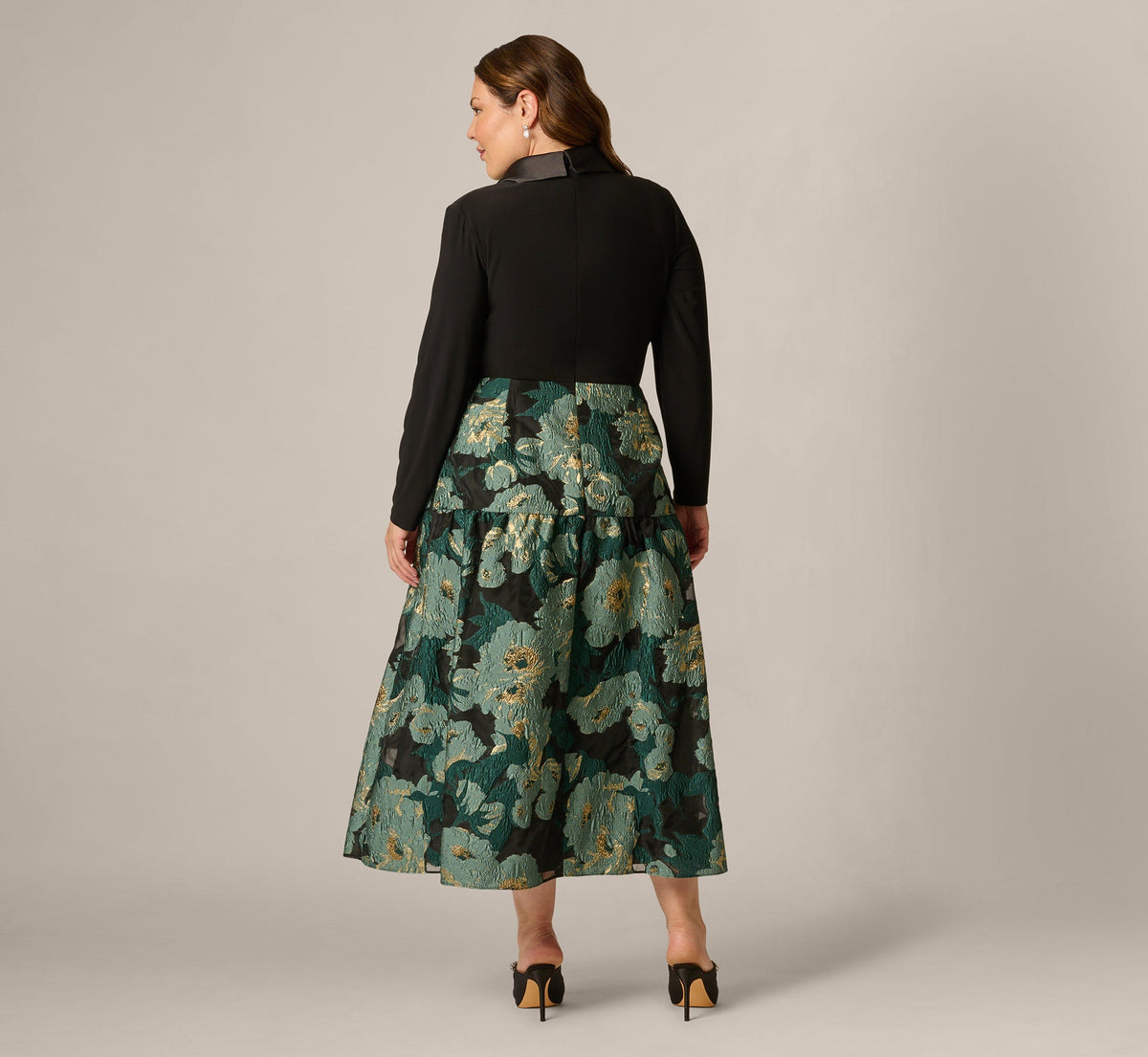 Plus Size Long Sleeve Jacquard Tuxedo Ankle Length Combo Dress - Black Emerald | Adrianna Papell