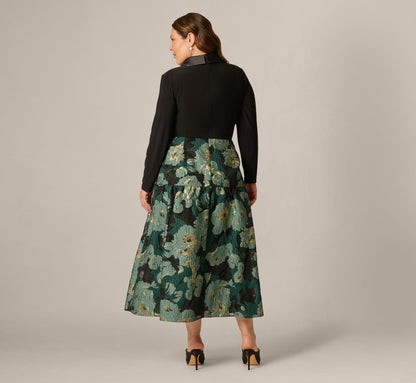 Plus Size Long Sleeve Jacquard Tuxedo Ankle Length Combo Dress - Black Emerald | Adrianna Papell