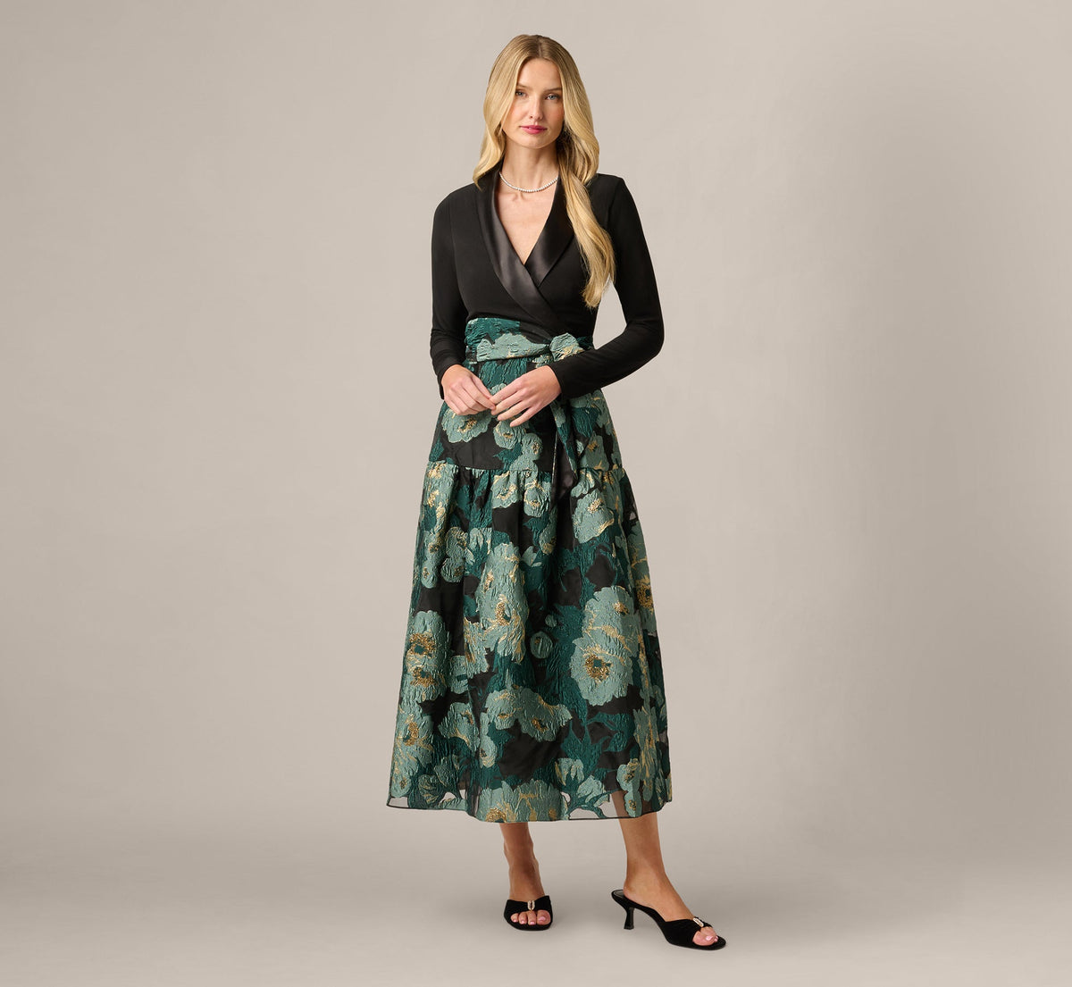 Long Sleeve Jacquard Tuxedo Ankle Length Combo Dress - Black Emerald | Adrianna Papell