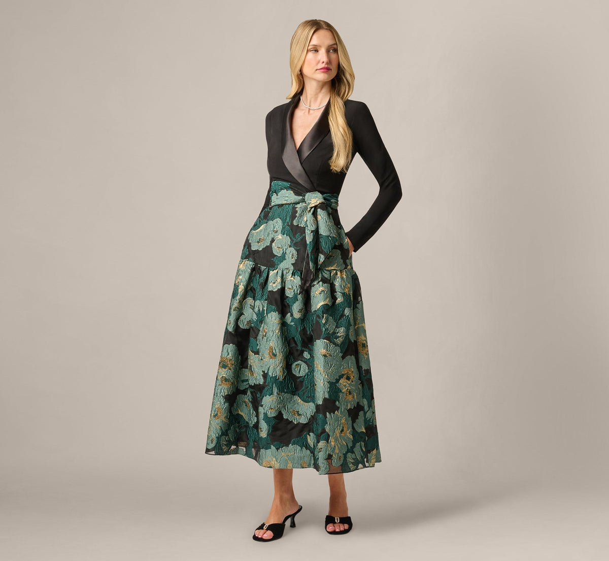 Long Sleeve Jacquard Tuxedo Ankle Length Combo Dress - Black Emerald | Adrianna Papell