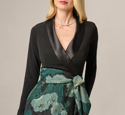 Long Sleeve Jacquard Tuxedo Ankle Length Combo Dress - Black Emerald | Adrianna Papell