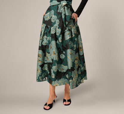 Long Sleeve Jacquard Tuxedo Ankle Length Combo Dress - Black Emerald | Adrianna Papell
