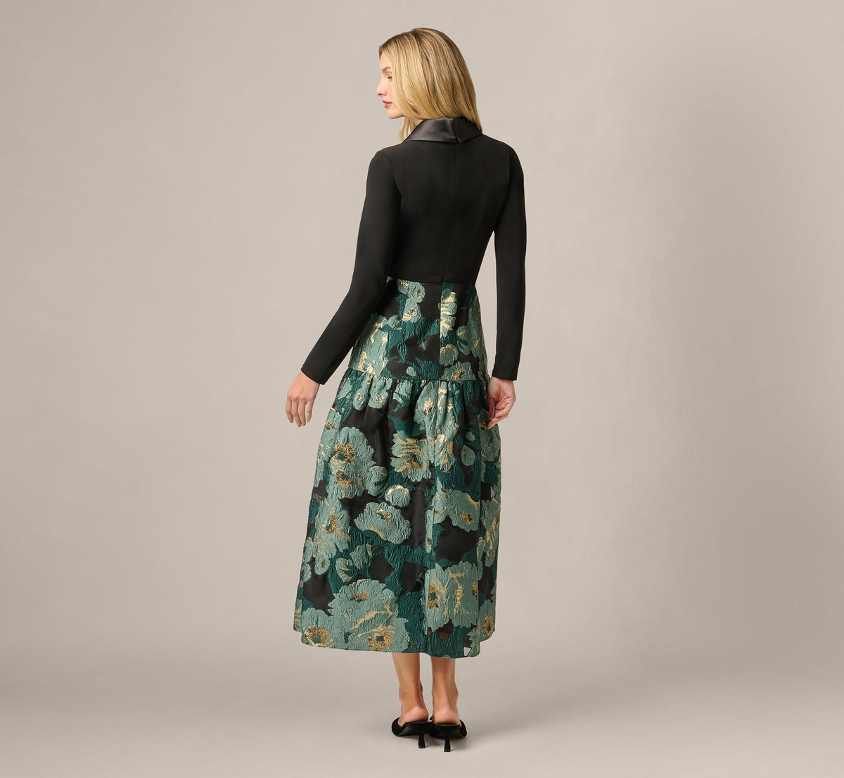 Long Sleeve Jacquard Tuxedo Ankle Length Combo Dress - Black Emerald | Adrianna Papell