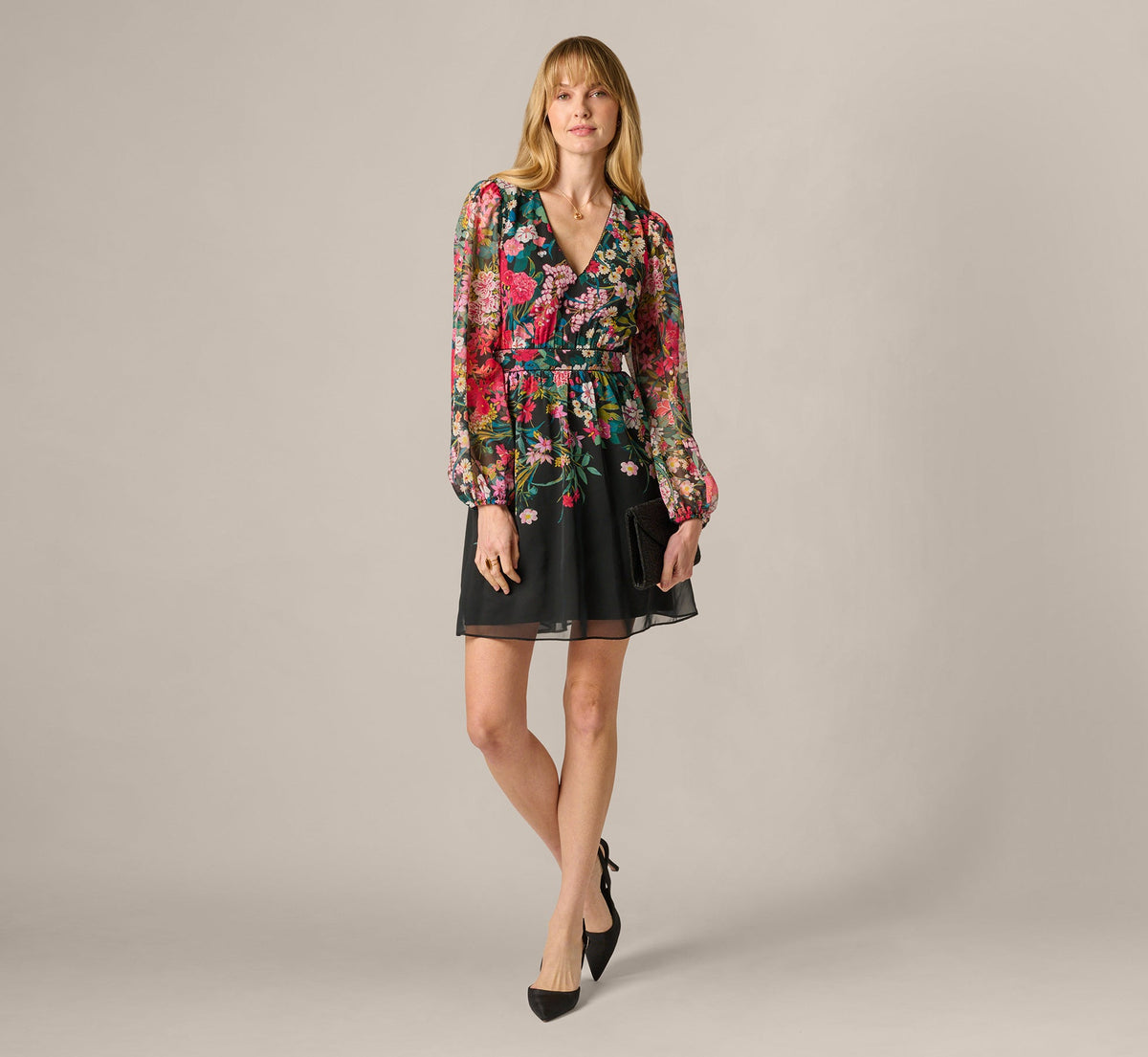 Long Sleeve Wildflower Print Short Dress - Black Multi | Adrianna Papell