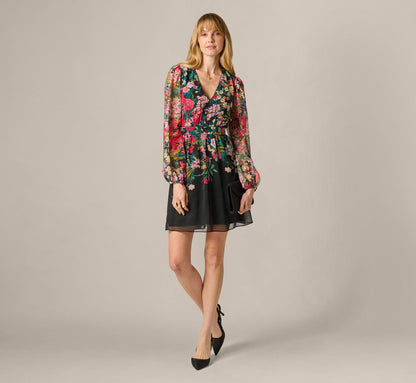Long Sleeve Wildflower Print Short Dress - Black Multi | Adrianna Papell