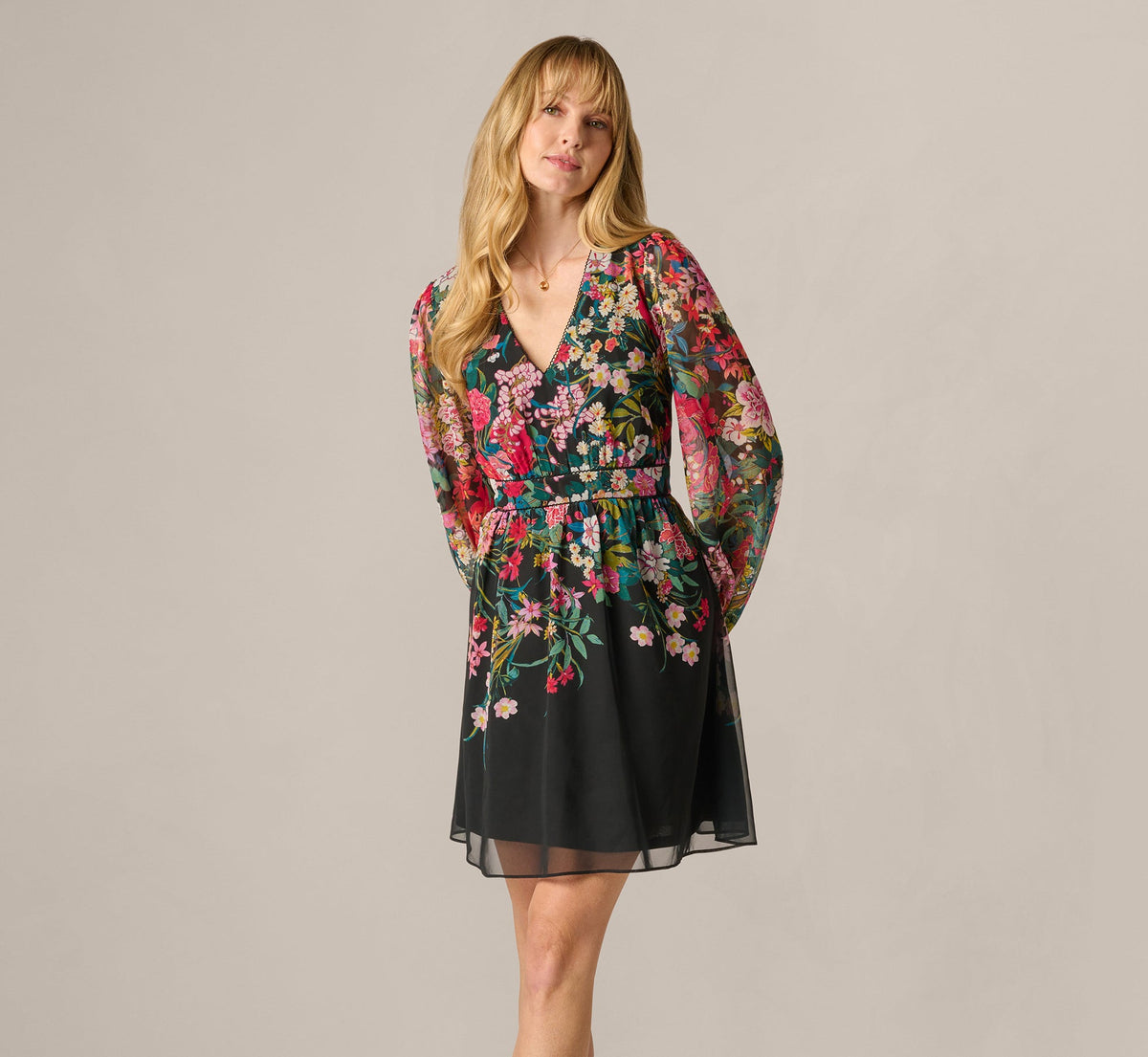 Long Sleeve Wildflower Print Short Dress - Black Multi | Adrianna Papell