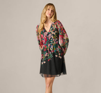 Long Sleeve Wildflower Print Short Dress - Black Multi | Adrianna Papell