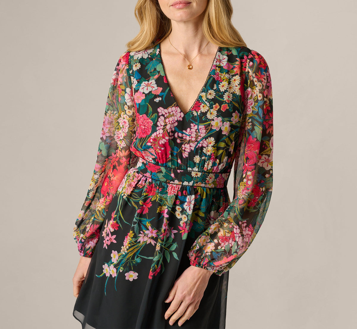 Long Sleeve Wildflower Print Short Dress - Black Multi | Adrianna Papell