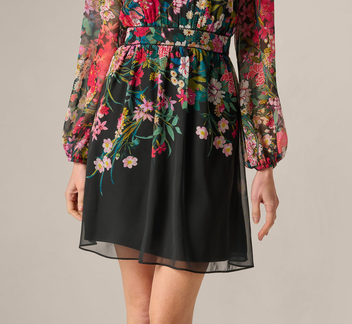 Long Sleeve Wildflower Print Short Dress - Black Multi | Adrianna Papell