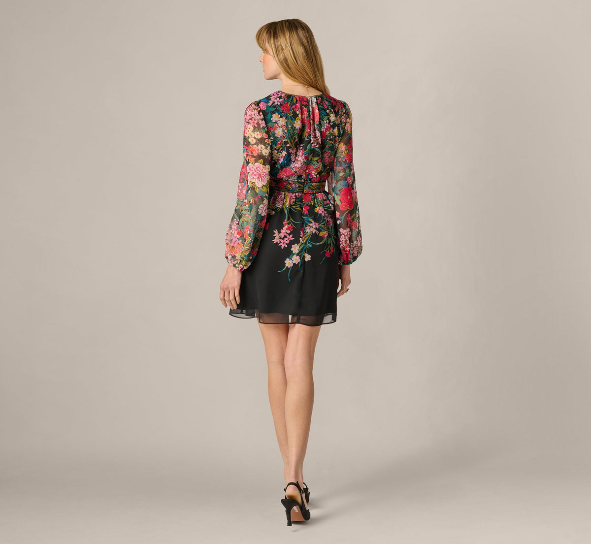 Long Sleeve Wildflower Print Short Dress - Black Multi | Adrianna Papell