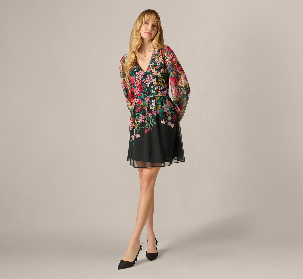 Long Sleeve Wildflower Print Short Dress - Black Multi | Adrianna Papell
