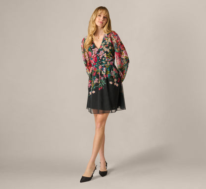 Long Sleeve Wildflower Print Short Dress - Black Multi | Adrianna Papell