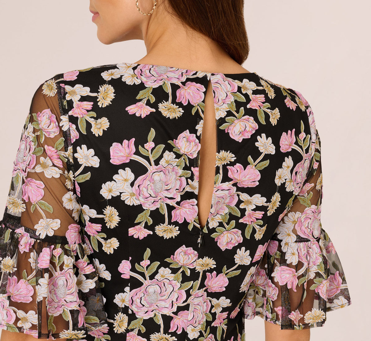 Bell Sleeve Floral Embroidered Short Dress - Black Multi | Adrianna Papell