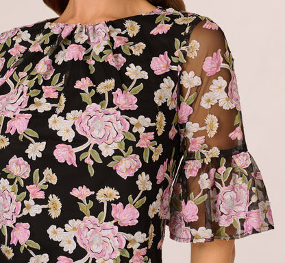 Bell Sleeve Floral Embroidered Short Dress - Black Multi | Adrianna Papell