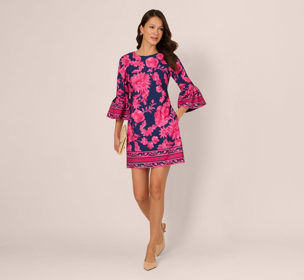 Bell Sleeve Floral Twill Short Dress - Navy Multi | Adrianna Papell