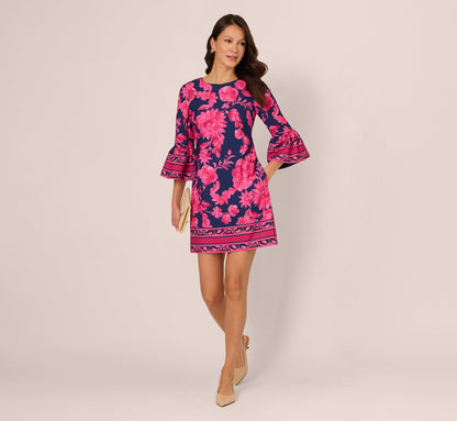 Bell Sleeve Floral Twill Short Dress - Navy Multi | Adrianna Papell