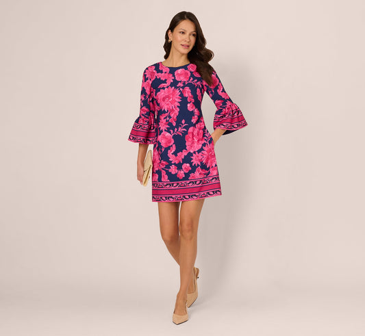Bell Sleeve Floral Twill Short Dress - Navy Multi | Adrianna Papell