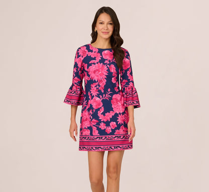 Bell Sleeve Floral Twill Short Dress - Navy Multi | Adrianna Papell