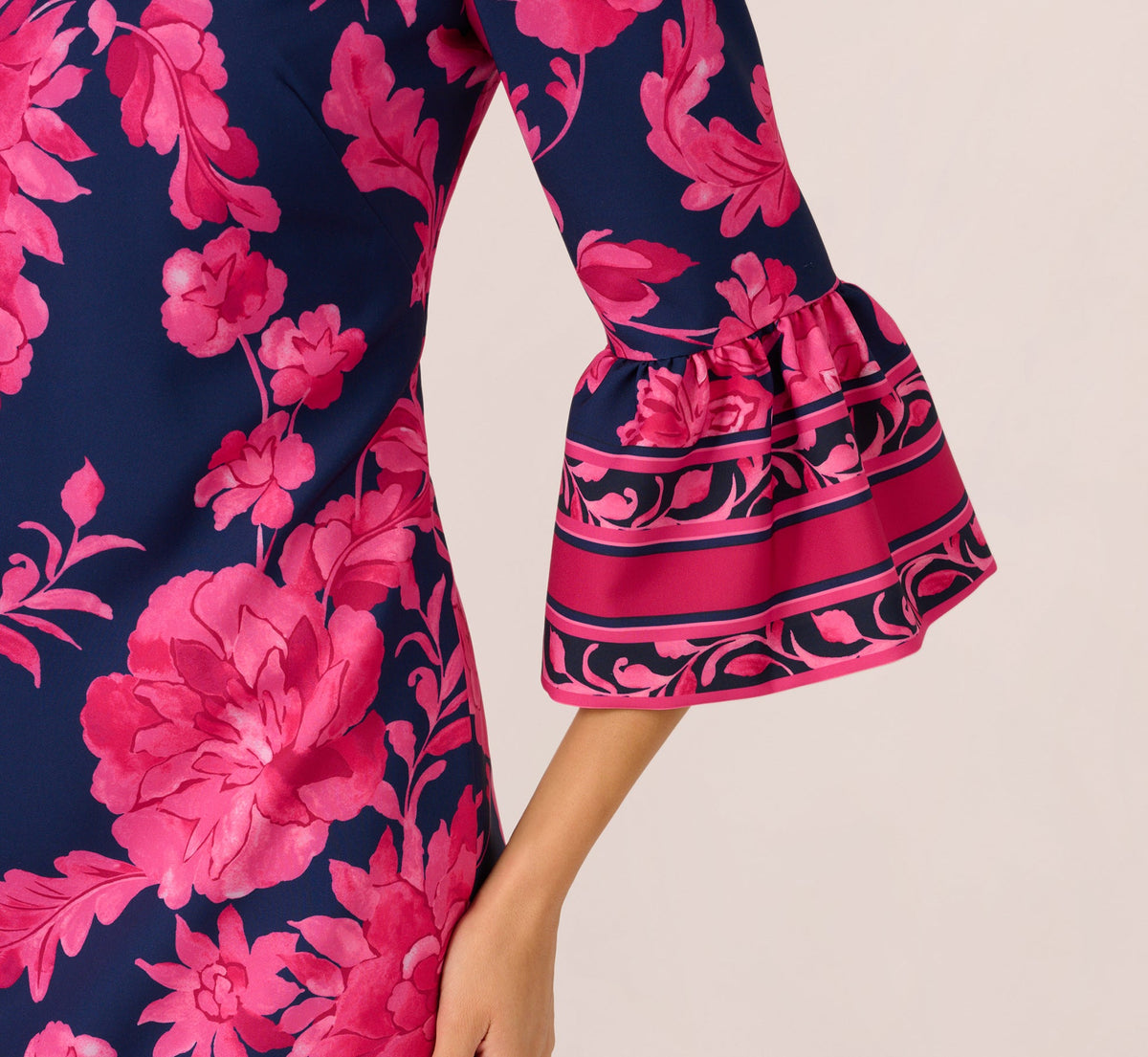Bell Sleeve Floral Twill Short Dress - Navy Multi | Adrianna Papell