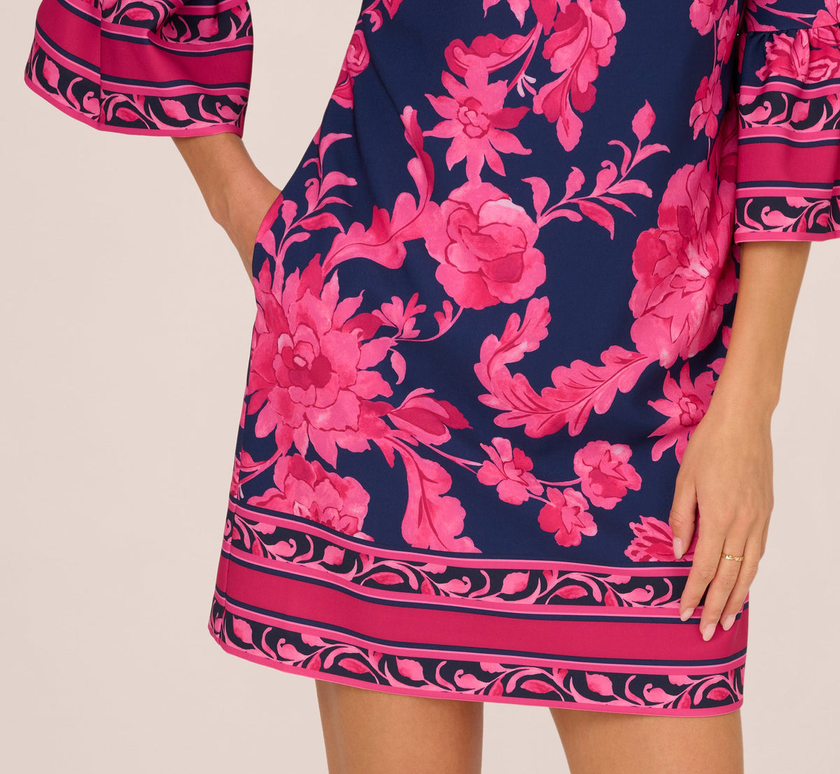 Bell Sleeve Floral Twill Short Dress - Navy Multi | Adrianna Papell
