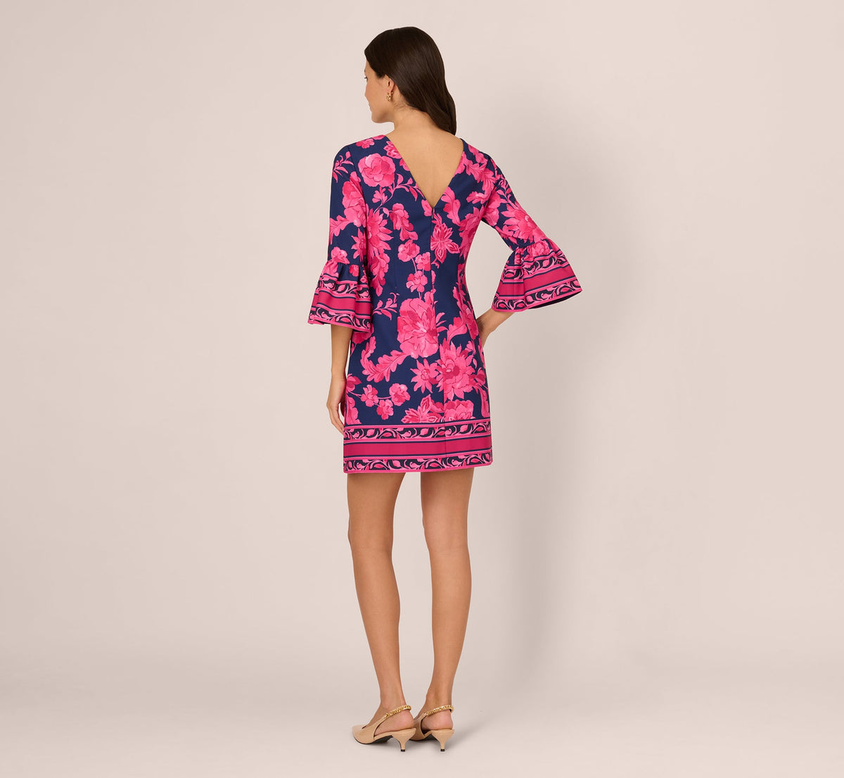 Bell Sleeve Floral Twill Short Dress - Navy Multi | Adrianna Papell
