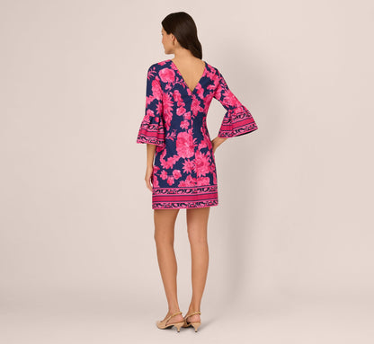 Bell Sleeve Floral Twill Short Dress - Navy Multi | Adrianna Papell