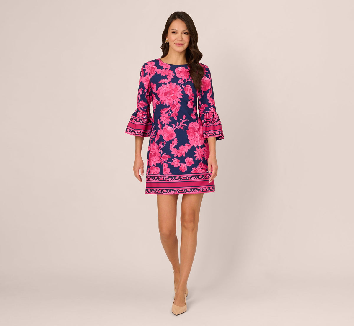Bell Sleeve Floral Twill Short Dress - Navy Multi | Adrianna Papell
