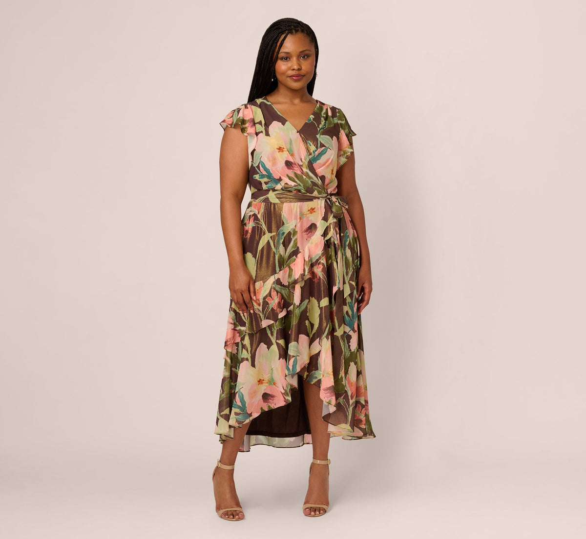Plus Size Flutter Sleeve High Low Midi Wrap Dress - Brown Multi | Adrianna Papell