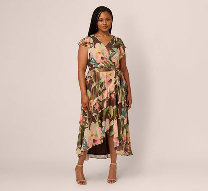 Plus Size Flutter Sleeve High Low Midi Wrap Dress - Brown Multi | Adrianna Papell