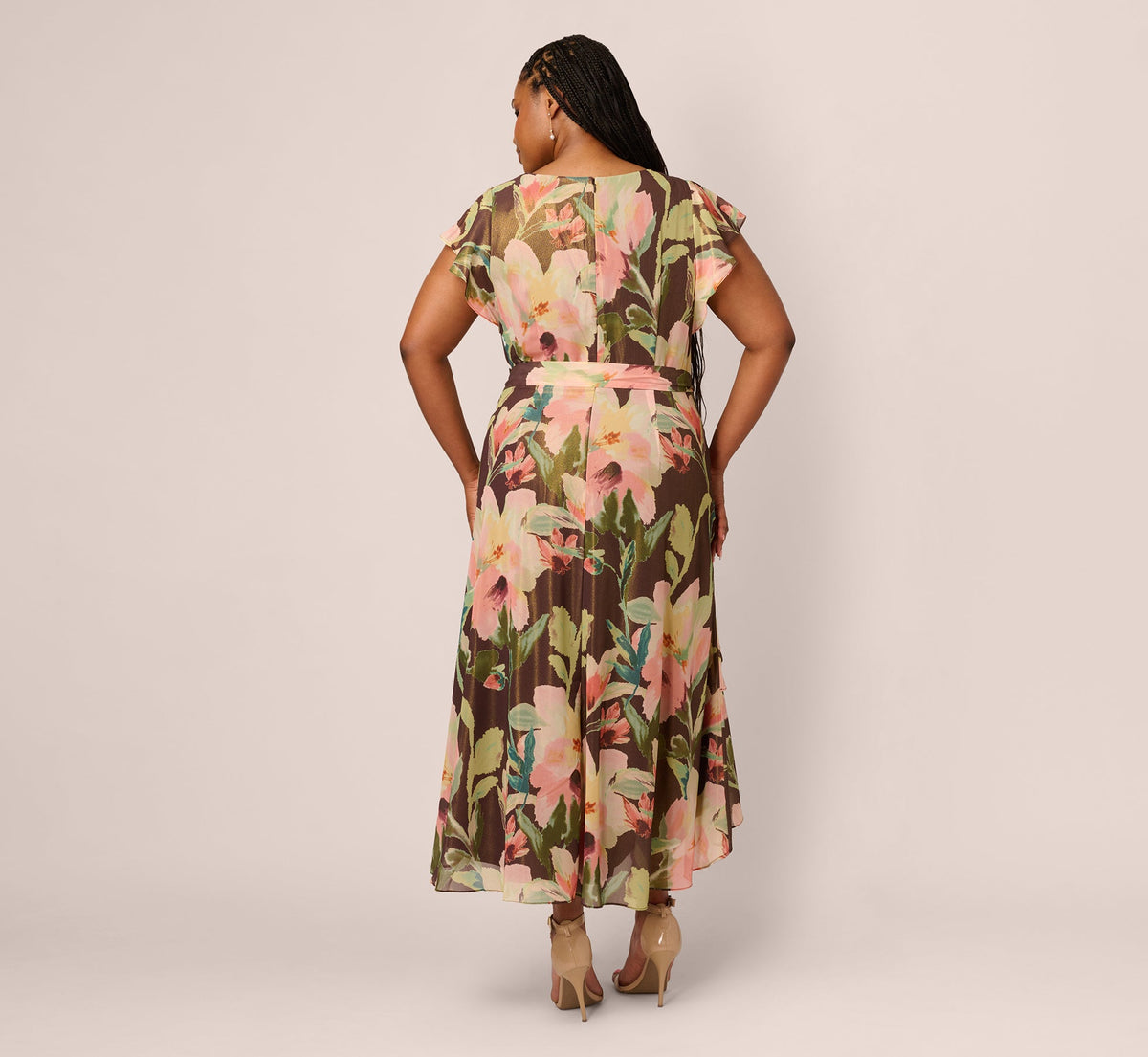 Plus Size Flutter Sleeve High Low Midi Wrap Dress - Brown Multi | Adrianna Papell
