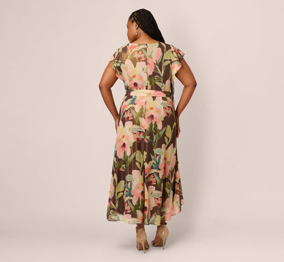 Plus Size Flutter Sleeve High Low Midi Wrap Dress - Brown Multi | Adrianna Papell