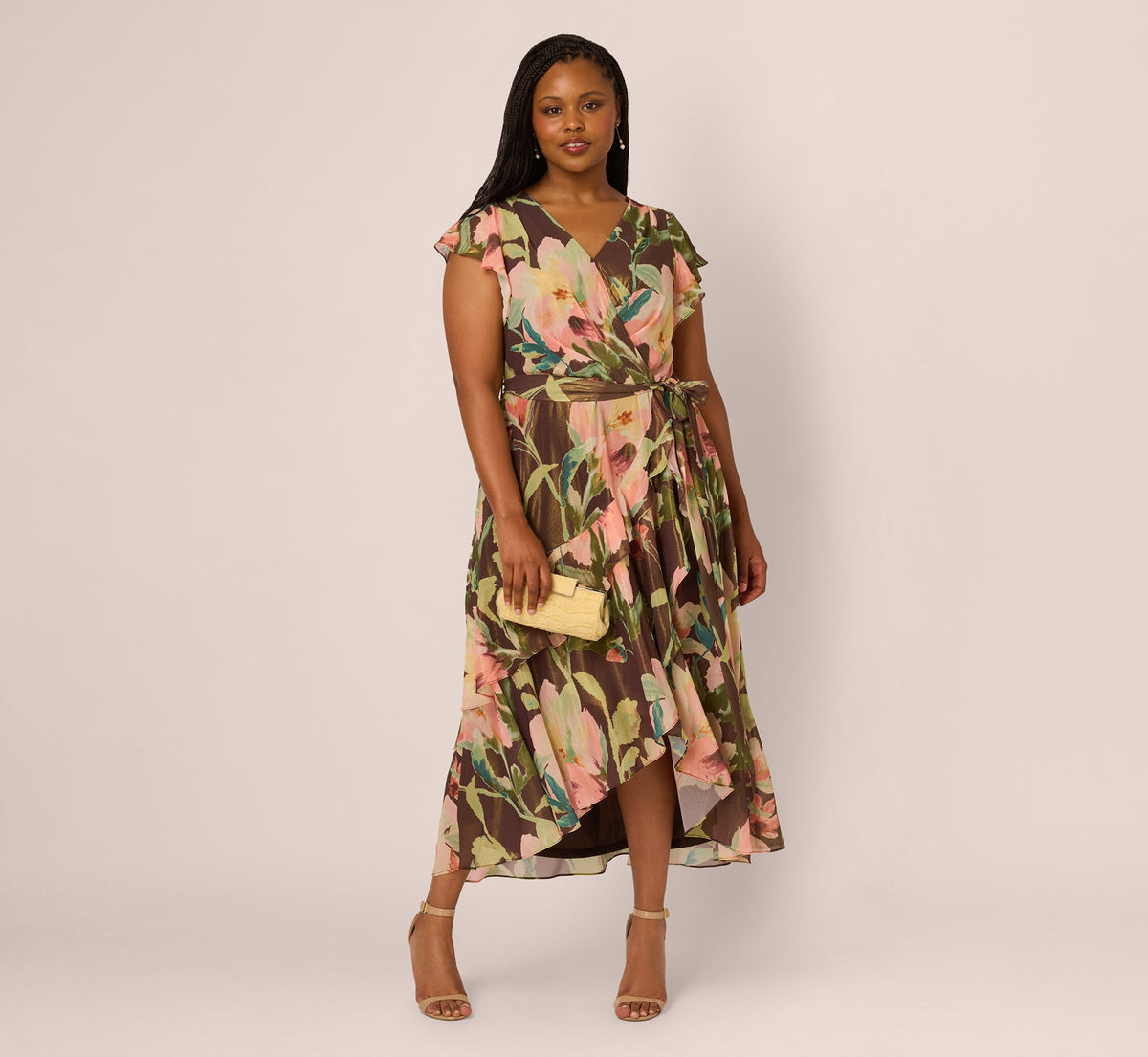 Plus Size Flutter Sleeve High Low Midi Wrap Dress - Brown Multi | Adrianna Papell