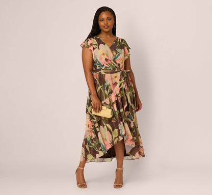 Plus Size Flutter Sleeve High Low Midi Wrap Dress - Brown Multi | Adrianna Papell