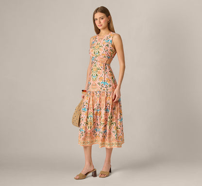 Floral Printed Cutout Drop Waist Midi Dress - Peach Multi | Adrianna Papell