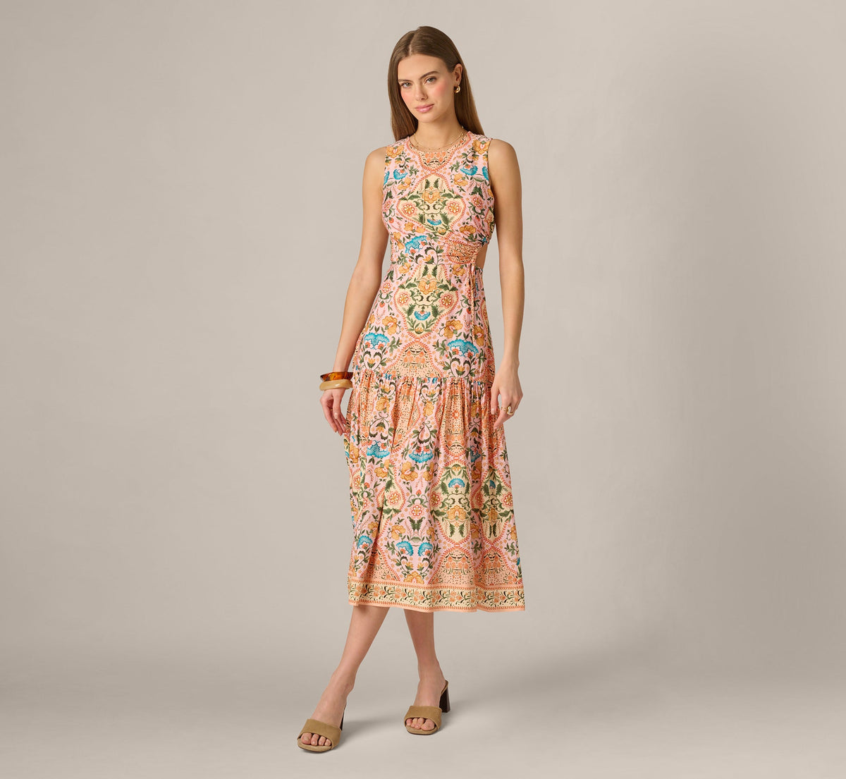 Floral Printed Cutout Drop Waist Midi Dress - Peach Multi | Adrianna Papell