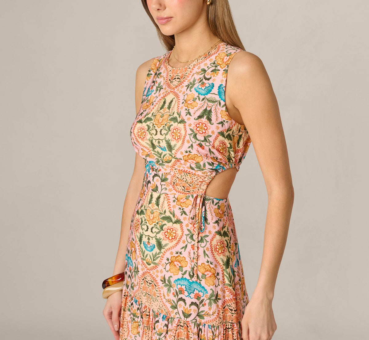 Floral Printed Cutout Drop Waist Midi Dress - Peach Multi | Adrianna Papell