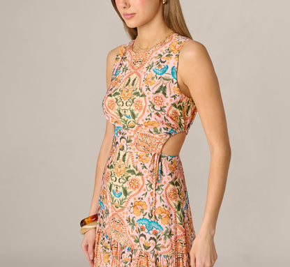 Floral Printed Cutout Drop Waist Midi Dress - Peach Multi | Adrianna Papell