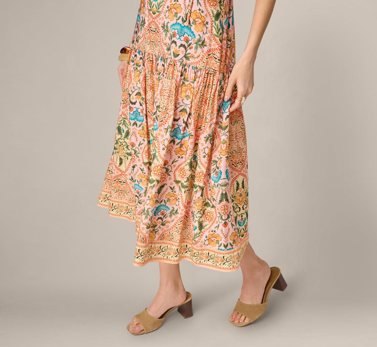 Floral Printed Cutout Drop Waist Midi Dress - Peach Multi | Adrianna Papell