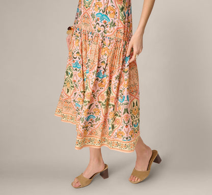 Floral Printed Cutout Drop Waist Midi Dress - Peach Multi | Adrianna Papell