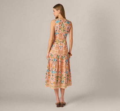 Floral Printed Cutout Drop Waist Midi Dress - Peach Multi | Adrianna Papell