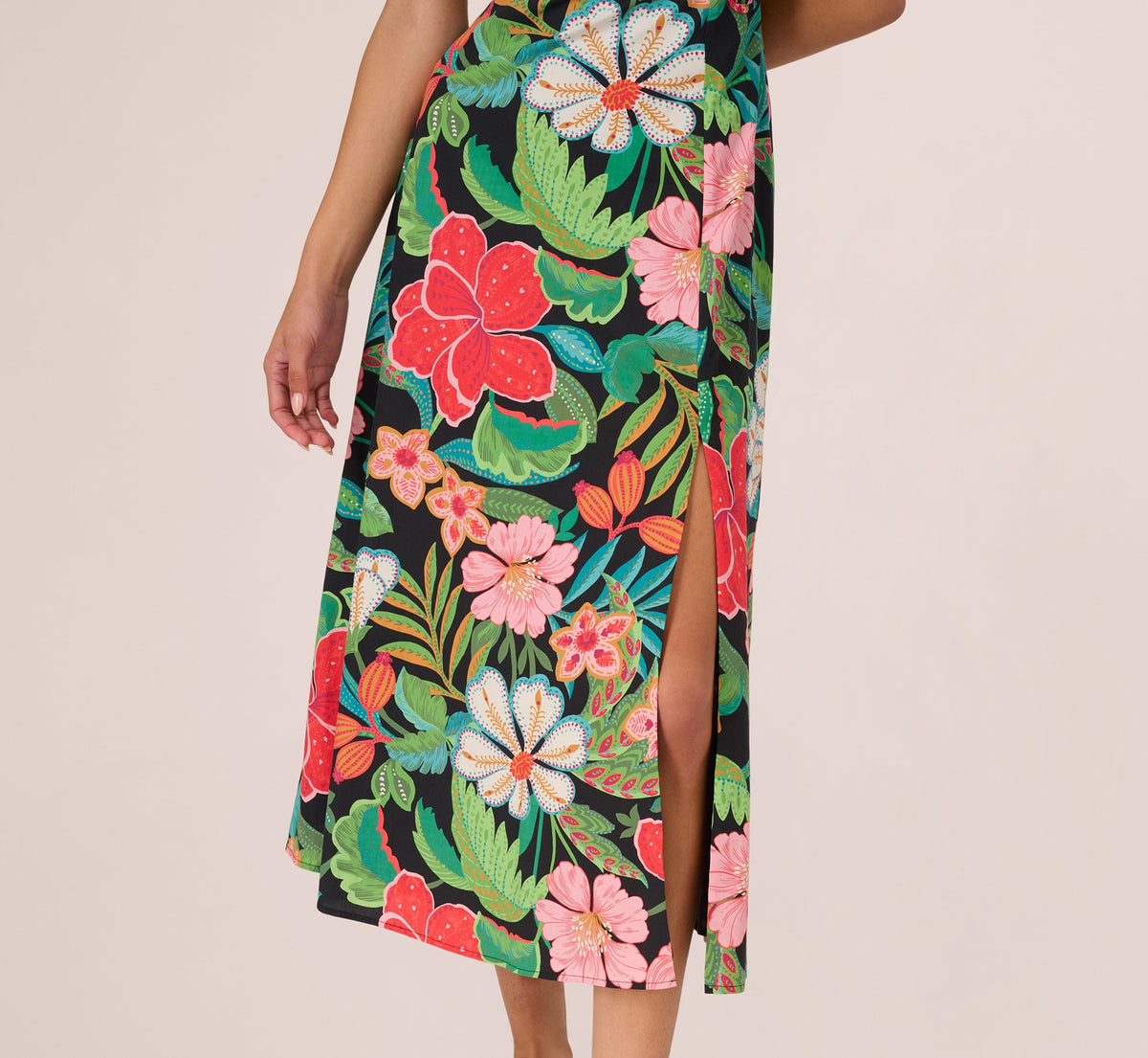 3D Tropical Floral Cotton A Line Midi Dress - Black Multi | Adrianna Papell