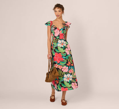 3D Tropical Floral Cotton A Line Midi Dress - Black Multi | Adrianna Papell