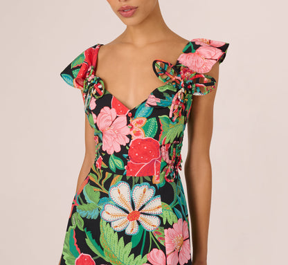 3D Tropical Floral Cotton A Line Midi Dress - Black Multi | Adrianna Papell